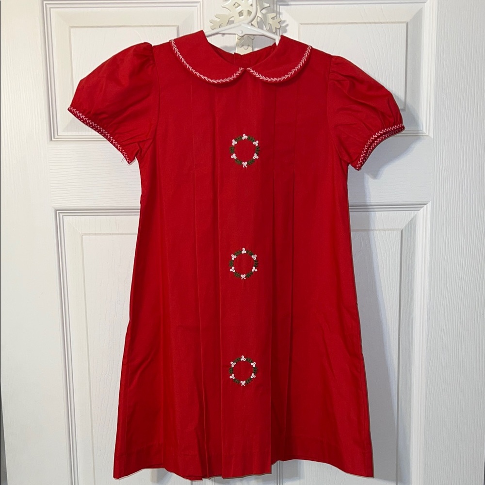 Love Me Red Kids Dress with Embroidery Christmas Wreath